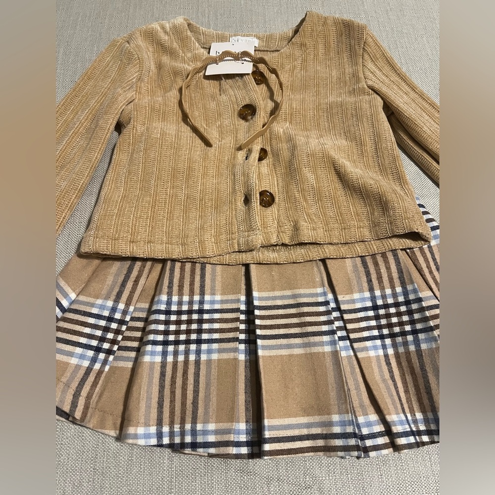 btween Tan and Blue Kids Matching Sweater and Skirt Set with Headband.